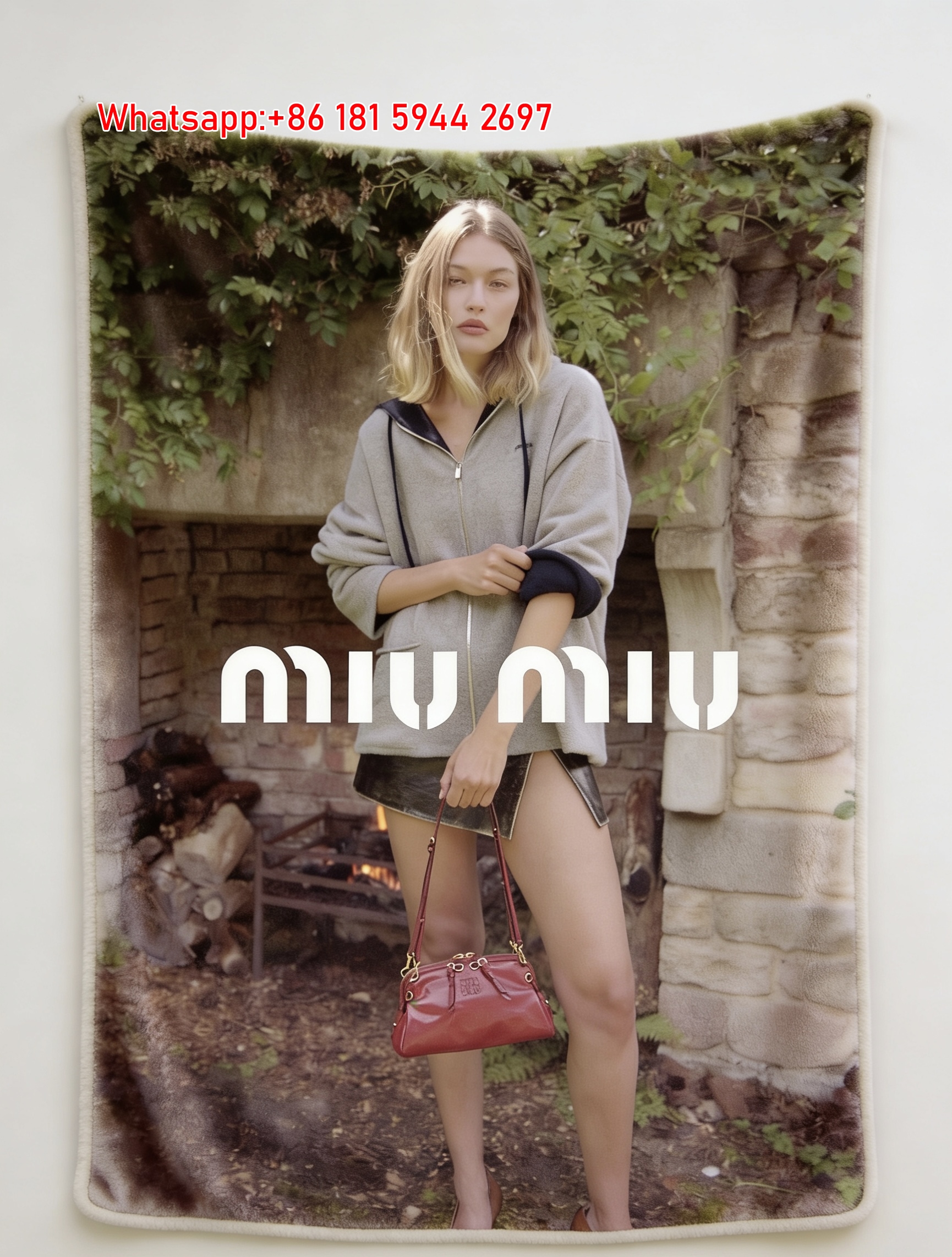 Miu Miu Earthy Tone Flannel Throw Blanket with Red Accent Print IMG_0607